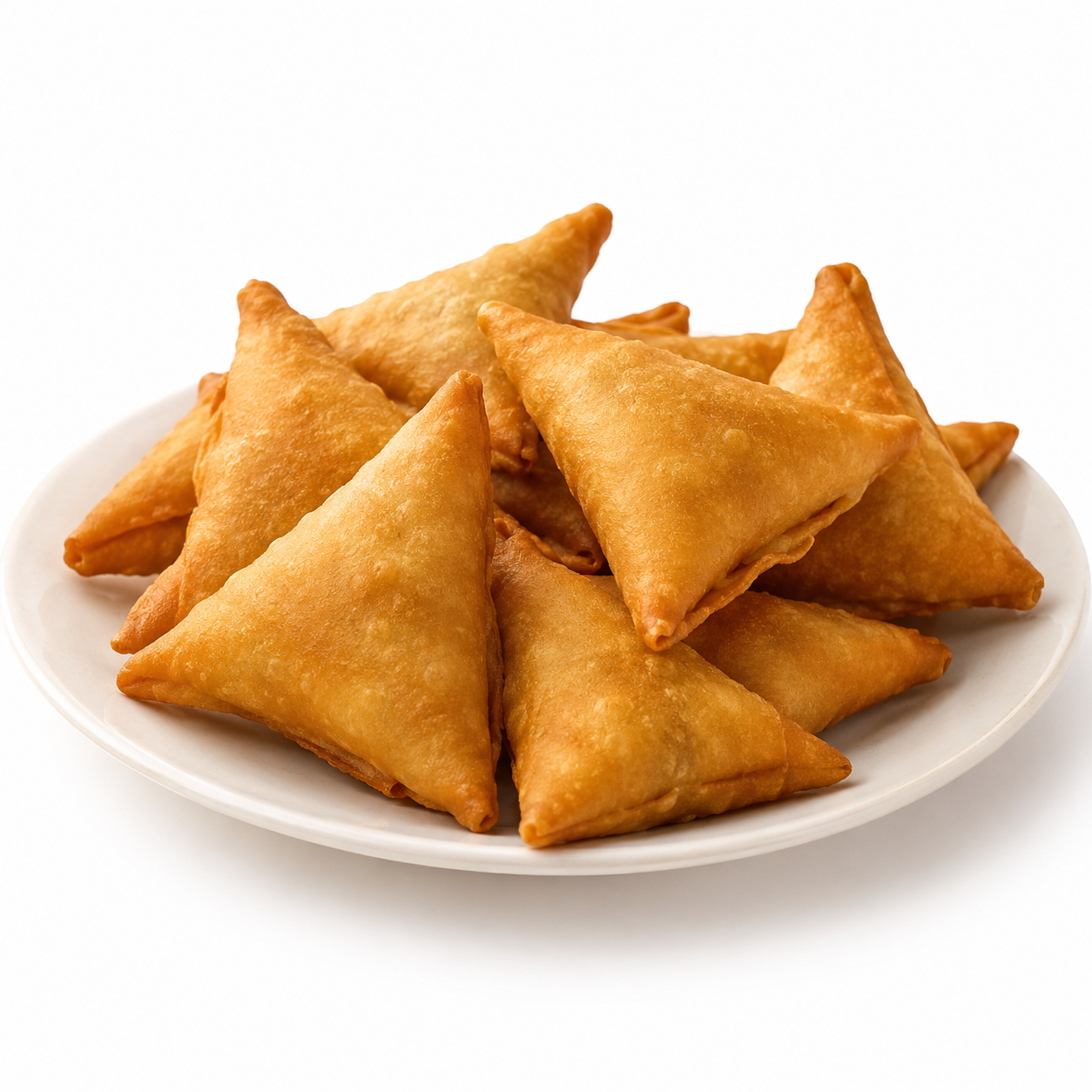 Triangular fried pastries on a white plate